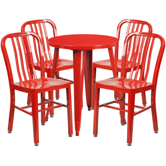 Commercial Grade 24" Round Red Metal Indoor-Outdoor Table Set with 4 Vertical Slat Back Chairs CH-51080TH-4-18VRT-RED-GG