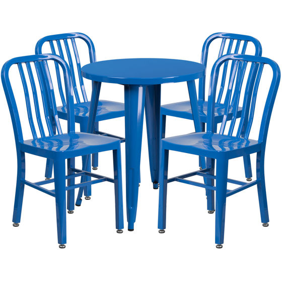 Commercial Grade 24" Round Blue Metal Indoor-Outdoor Table Set with 4 Vertical Slat Back Chairs CH-51080TH-4-18VRT-BL-GG