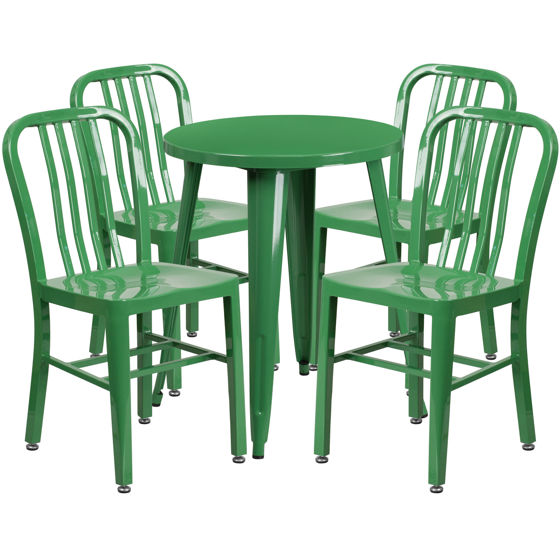 Commercial Grade 24" Round Green Metal Indoor-Outdoor Table Set with 4 Vertical Slat Back Chairs CH-51080TH-4-18VRT-GN-GG
