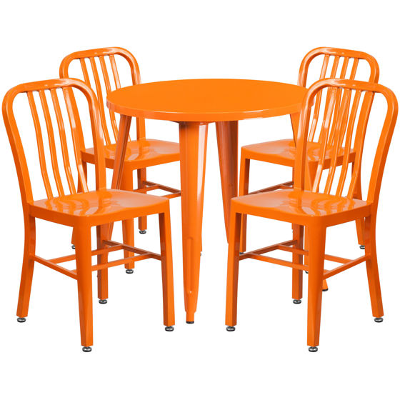 Commercial Grade 30" Round Orange Metal Indoor-Outdoor Table Set with 4 Vertical Slat Back Chairs CH-51090TH-4-18VRT-OR-GG