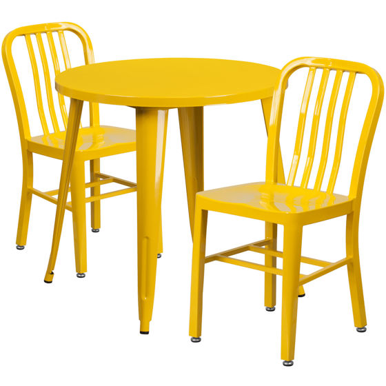 Commercial Grade 30" Round Yellow Metal Indoor-Outdoor Table Set with 2 Vertical Slat Back Chairs CH-51090TH-2-18VRT-YL-GG