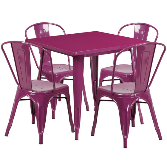Commercial Grade 31.5" Square Purple Metal Indoor-Outdoor Table Set with 4 Stack Chairs ET-CT002-4-30-PUR-GG