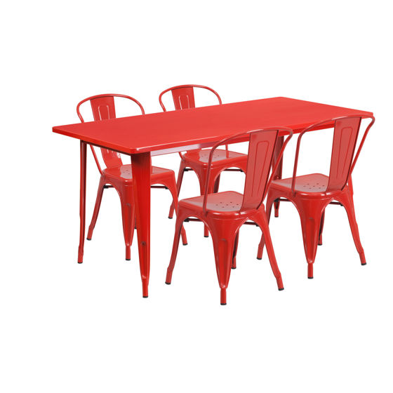 Commercial Grade 31.5" x 63" Rectangular Red Metal Indoor-Outdoor Table Set with 4 Stack Chairs ET-CT005-4-30-RED-GG