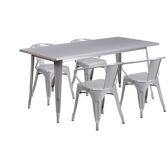 Commercial Grade 31.5" x 63" Rectangular Silver Metal Indoor-Outdoor Table Set with 4 Arm Chairs ET-CT005-4-70-SIL-GG