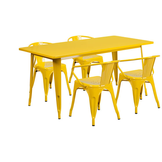 Commercial Grade 31.5" x 63" Rectangular Yellow Metal Indoor-Outdoor Table Set with 4 Arm Chairs ET-CT005-4-70-YL-GG