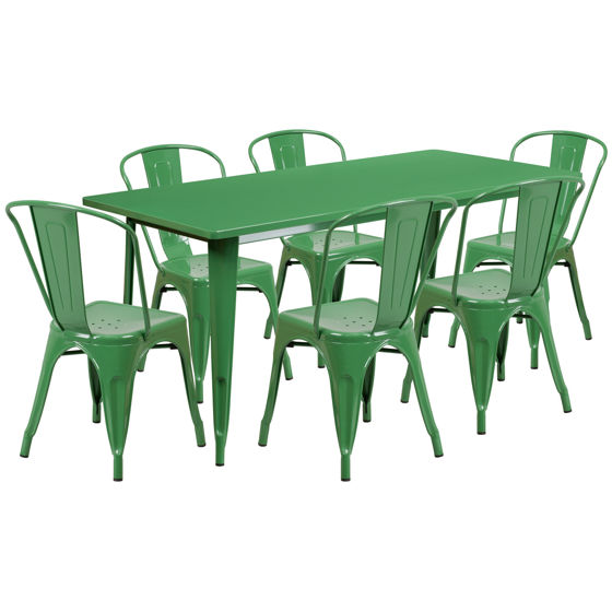 Commercial Grade 31.5" x 63" Rectangular Green Metal Indoor-Outdoor Table Set with 6 Stack Chairs ET-CT005-6-30-GN-GG