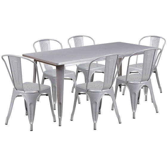 Commercial Grade 31.5" x 63" Rectangular Silver Metal Indoor-Outdoor Table Set with 6 Stack Chairs ET-CT005-6-30-SIL-GG