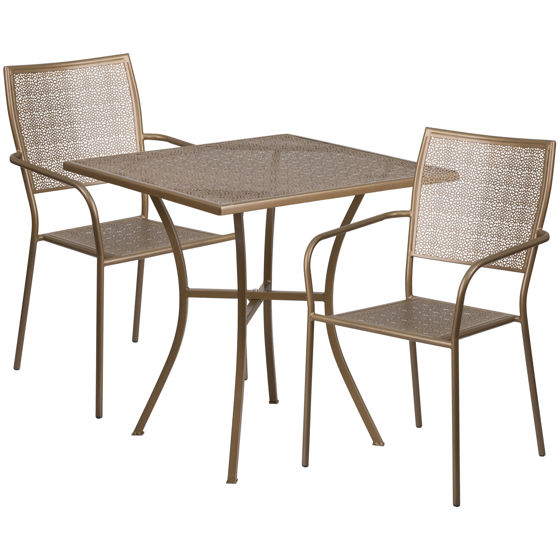 Oia Commercial Grade 28" Square Gold Indoor-Outdoor Steel Patio Table Set with 2 Square Back Chairs CO-28SQ-02CHR2-GD-GG