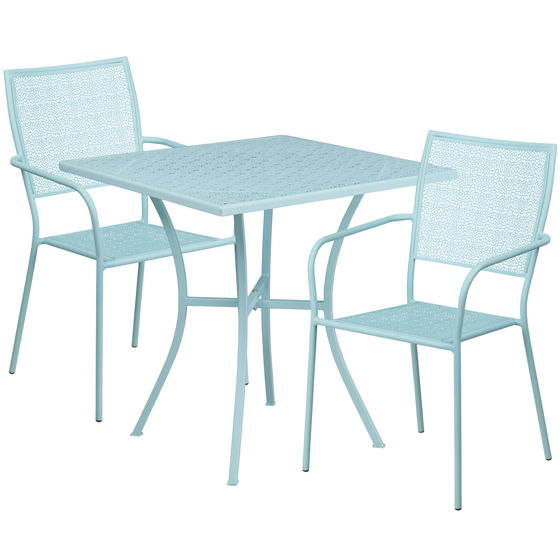 Oia Commercial Grade 28" Square Sky Blue Indoor-Outdoor Steel Patio Table Set with 2 Square Back Chairs CO-28SQ-02CHR2-SKY-GG