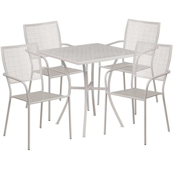 Oia Commercial Grade 28" Square Light Gray Indoor-Outdoor Steel Patio Table Set with 4 Square Back Chairs CO-28SQ-02CHR4-SIL-GG