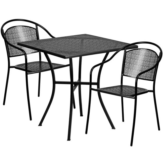 Oia Commercial Grade 28" Square Black Indoor-Outdoor Steel Patio Table Set with 2 Round Back Chairs CO-28SQ-03CHR2-BK-GG