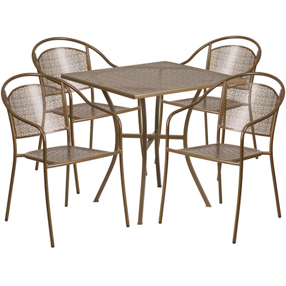 Oia Commercial Grade 28" Square Gold Indoor-Outdoor Steel Patio Table Set with 4 Round Back Chairs CO-28SQ-03CHR4-GD-GG