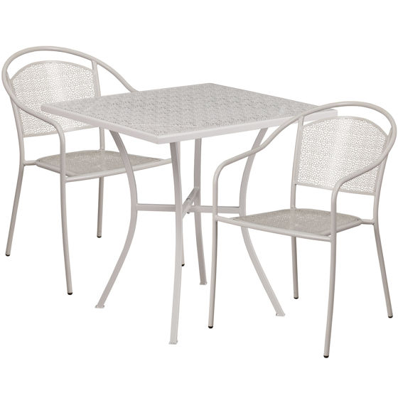 Oia Commercial Grade 28" Square Light Gray Indoor-Outdoor Steel Patio Table Set with 2 Round Back Chairs CO-28SQ-03CHR2-SIL-GG