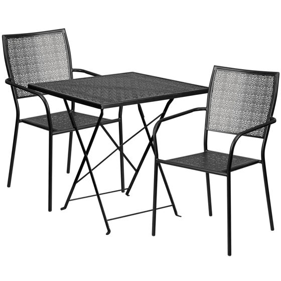 Oia Commercial Grade 28" Square Black Indoor-Outdoor Steel Folding Patio Table Set with 2 Square Back Chairs CO-28SQF-02CHR2-BK-GG
