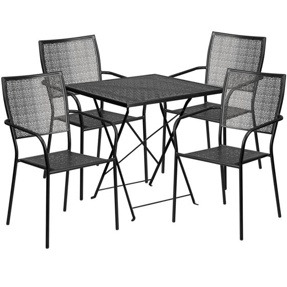 Oia Commercial Grade 28" Square Black Indoor-Outdoor Steel Folding Patio Table Set with 4 Square Back Chairs CO-28SQF-02CHR4-BK-GG