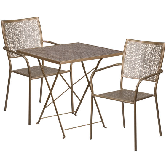 Oia Commercial Grade 28" Square Gold Indoor-Outdoor Steel Folding Patio Table Set with 2 Square Back Chairs CO-28SQF-02CHR2-GD-GG