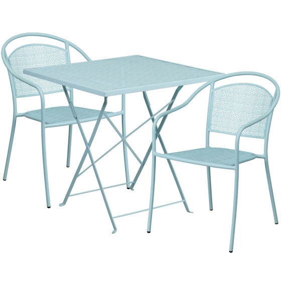 Oia Commercial Grade 28" Square Sky Blue Indoor-Outdoor Steel Folding Patio Table Set with 2 Round Back Chairs CO-28SQF-03CHR2-SKY-GG