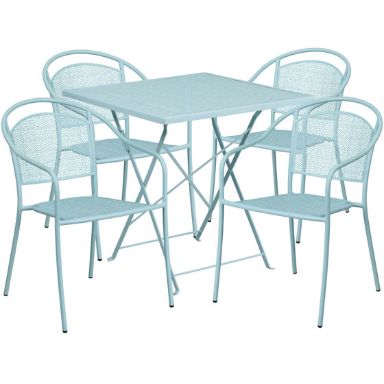 Oia Commercial Grade 28" Square Sky Blue Indoor-Outdoor Steel Folding Patio Table Set with 4 Round Back Chairs CO-28SQF-03CHR4-SKY-GG
