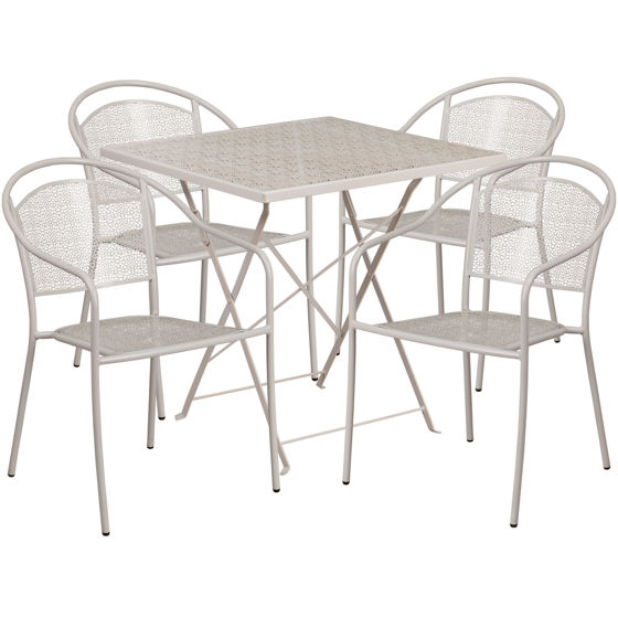 Oia Commercial Grade 28" Square Light Gray Indoor-Outdoor Steel Folding Patio Table Set with 4 Round Back Chairs CO-28SQF-03CHR4-SIL-GG