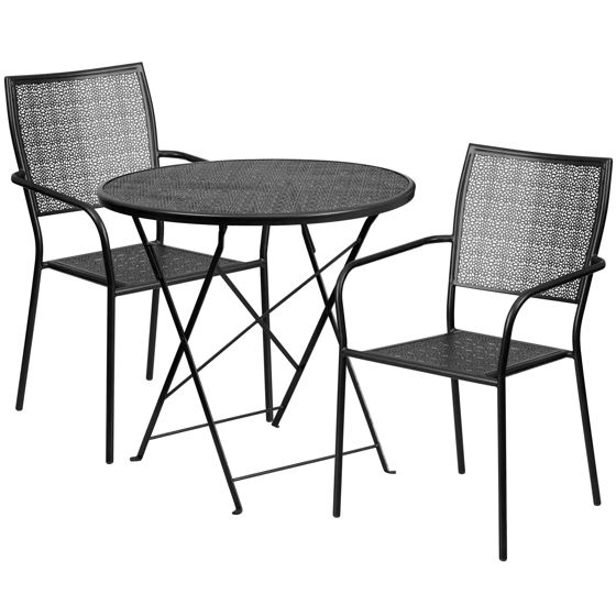 Oia Commercial Grade 30" Round Black Indoor-Outdoor Steel Folding Patio Table Set with 2 Square Back Chairs CO-30RDF-02CHR2-BK-GG