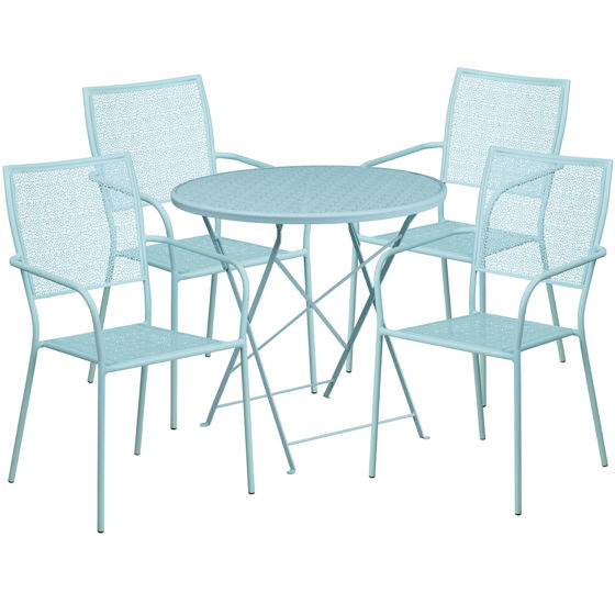 Oia Commercial Grade 30" Round Sky Blue Indoor-Outdoor Steel Folding Patio Table Set with 4 Square Back Chairs CO-30RDF-02CHR4-SKY-GG