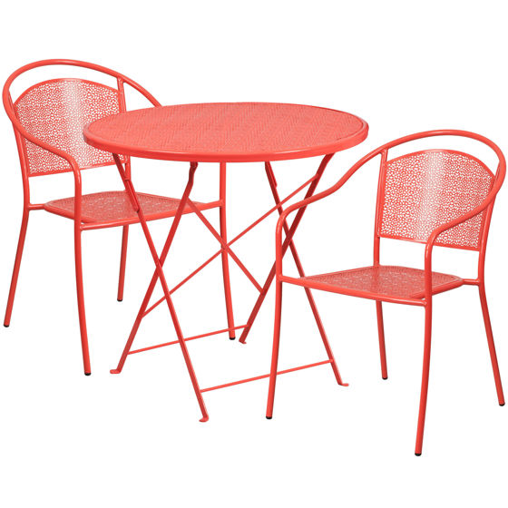 Oia Commercial Grade 30" Round Coral Indoor-Outdoor Steel Folding Patio Table Set with 2 Round Back Chairs CO-30RDF-03CHR2-RED-GG