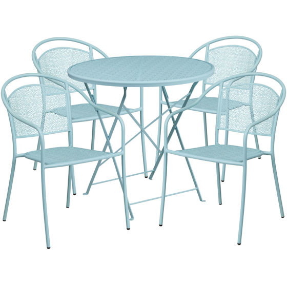 Oia Commercial Grade 30" Round Sky Blue Indoor-Outdoor Steel Folding Patio Table Set with 4 Round Back Chairs CO-30RDF-03CHR4-SKY-GG