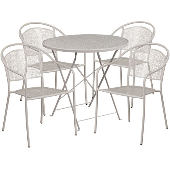 Oia Commercial Grade 30" Round Light Gray Indoor-Outdoor Steel Folding Patio Table Set with 4 Round Back Chairs CO-30RDF-03CHR4-SIL-GG