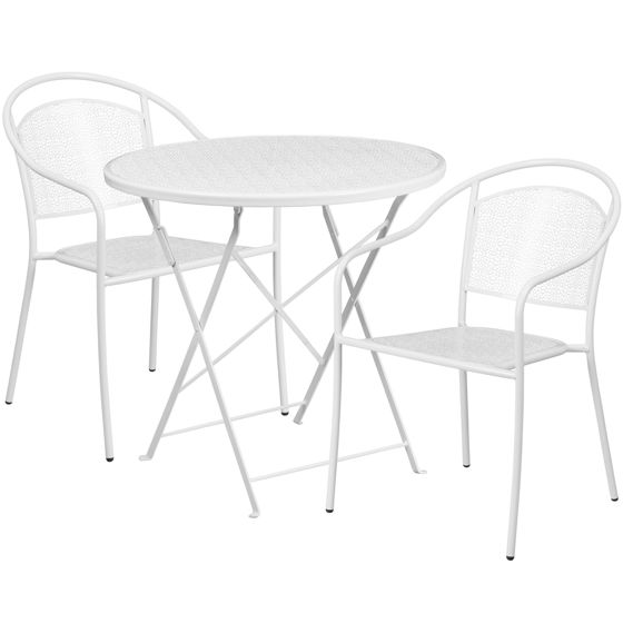 Oia Commercial Grade 30" Round White Indoor-Outdoor Steel Folding Patio Table Set with 2 Round Back Chairs CO-30RDF-03CHR2-WH-GG