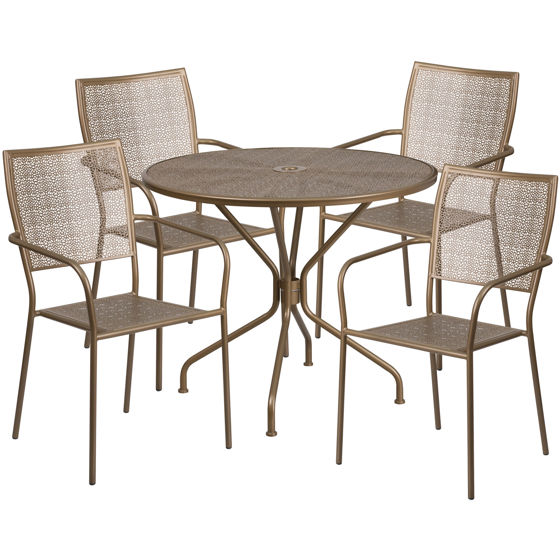 Oia Commercial Grade 35.25" Round Gold Indoor-Outdoor Steel Patio Table Set with 4 Square Back Chairs CO-35RD-02CHR4-GD-GG