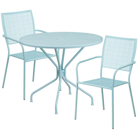 Oia Commercial Grade 35.25" Round Sky Blue Indoor-Outdoor Steel Patio Table Set with 2 Square Back Chairs CO-35RD-02CHR2-SKY-GG 