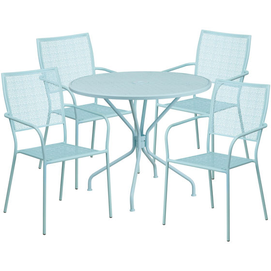 Oia Commercial Grade 35.25" Round Sky Blue Indoor-Outdoor Steel Patio Table Set with 4 Square Back Chairs CO-35RD-02CHR4-SKY-GG