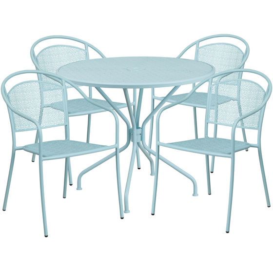 Oia Commercial Grade 35.25" Round Sky Blue Indoor-Outdoor Steel Patio Table Set with 4 Round Back Chairs CO-35RD-03CHR4-SKY-GG