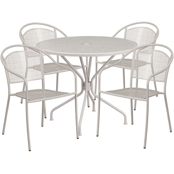 Oia Commercial Grade 35.25" Round Light Gray Indoor-Outdoor Steel Patio Table Set with 4 Round Back Chairs CO-35RD-03CHR4-SIL-GG
