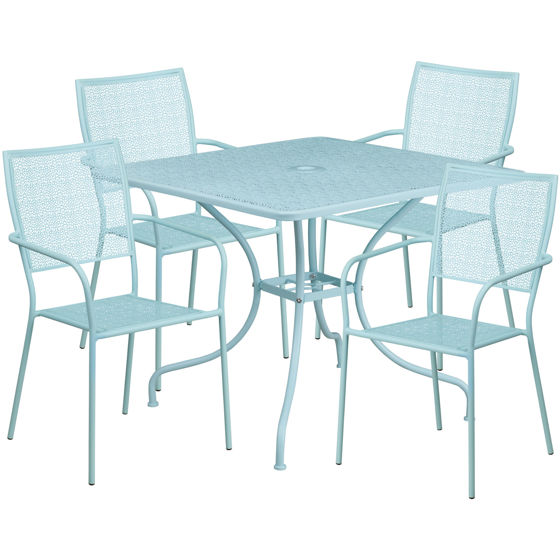 Oia Commercial Grade 35.5" Square Sky Blue Indoor-Outdoor Steel Patio Table Set with 4 Square Back Chairs CO-35SQ-02CHR4-SKY-GG