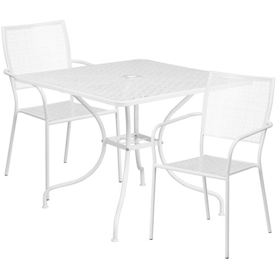 Oia Commercial Grade 35.5" Square White Indoor-Outdoor Steel Patio Table Set with 2 Square Back Chairs CO-35SQ-02CHR2-WH-GG