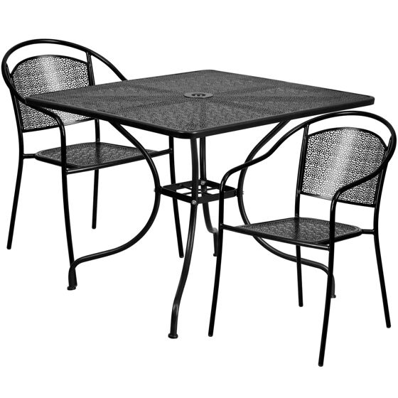 Oia Commercial Grade 35.5" Square Black Indoor-Outdoor Steel Patio Table Set with 2 Round Back Chairs CO-35SQ-03CHR2-BK-GG