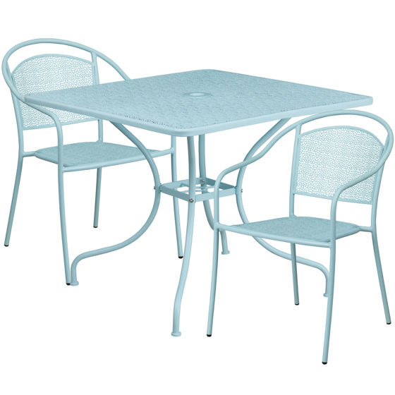 Oia Commercial Grade 35.5" Square Sky Blue Indoor-Outdoor Steel Patio Table Set with 2 Round Back Chairs CO-35SQ-03CHR2-SKY-GG