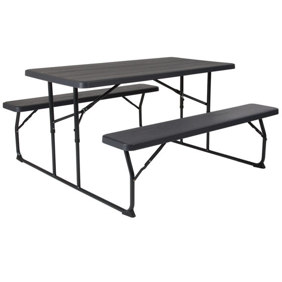 Insta-Fold Charcoal Wood Grain Folding Picnic Table and Benches - 4.5 Foot Folding Table RB-EBB-1470FD-GG