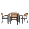 Lark 5 Piece Outdoor Dining Table Set - Synthetic Teak Poly Slats - 35" Square Steel Framed Table - Umbrella Hole - 4 Club Chairs XU-DG-810060064-GG