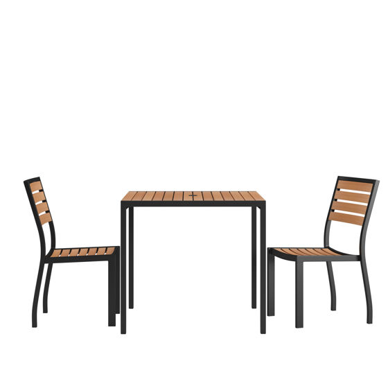Lark 3 Piece Patio Table Set - Synthetic Teak Poly Slats - 35" Square Steel Framed Table with 2 Stackable Faux Teak Chairs XU-DG-810060362-GG
