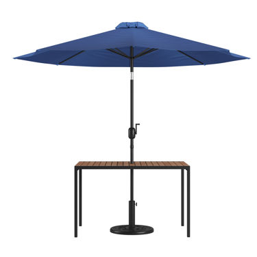 Lark 3 Piece Outdoor Patio Table Set - 30" x 48" Synthetic Teak Patio Table with Navy Umbrella and Base XU-DG-UH3048-UB19BNV-GG