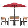 Lark 7 Piece All-Weather Deck or Patio Set - 4 Stacking Faux Teak Chairs, 30" x 48" Faux Teak Table, Red Umbrella & Base XU-DG-304860364-UB19BRD-GG