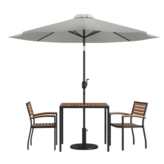 Lark 5 Piece Outdoor Patio Table Set with 2 Synthetic Teak Stackable Chairs, 35" Square Table, Gray Umbrella & Base XU-DG-810060062-UB19BGY-GG