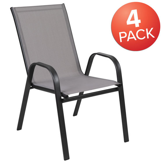 4 Pack Brazos Series Gray Outdoor Stack Chair with Flex Comfort Material and Metal Frame  4-JJ-303C-G-GG